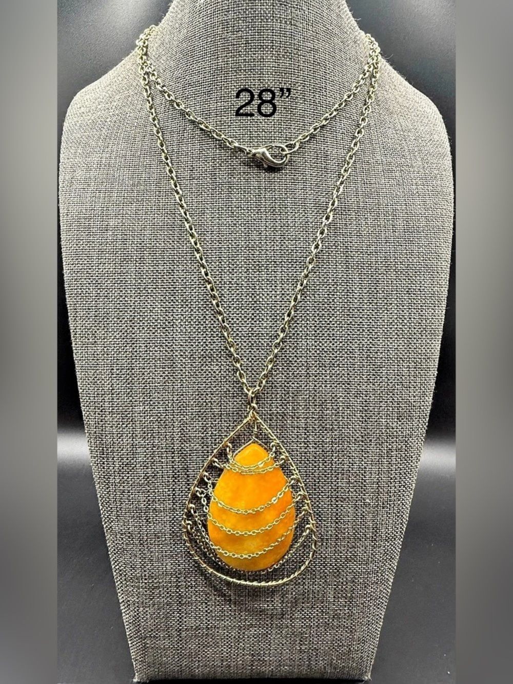244. Boho Gold Tone Wire Cage Teardrop Yellow Stone Pendant Necklace